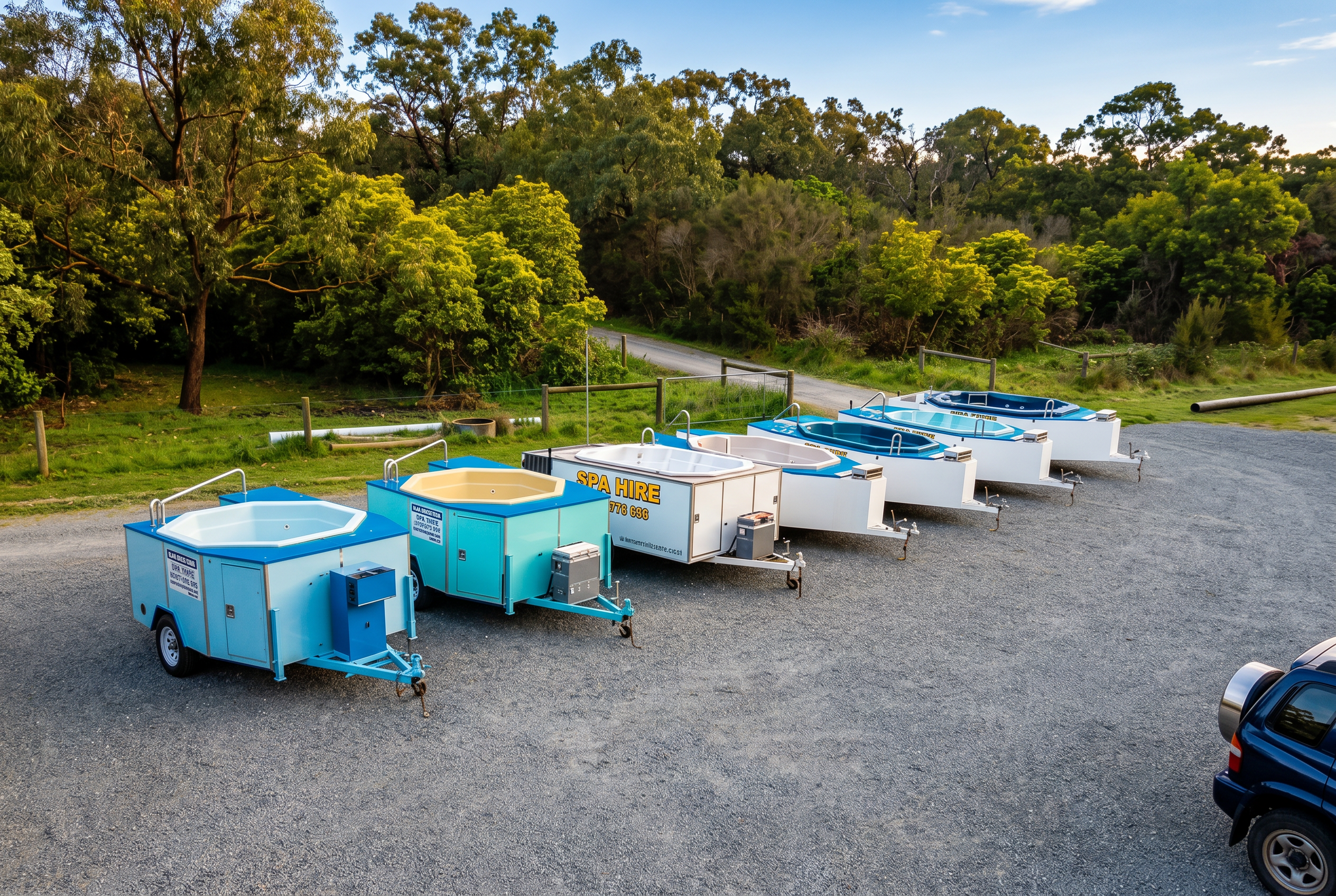 The Langwarrin Spa Hire fleet — a lineup of mobile spa trailers ready to be delivered.
